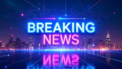 Glowing neon 'Breaking News' text over a futuristic digital cityscape at night. A modern, vibrant graphic for broadcast intros and media backgrounds.