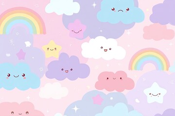 Pastel kawaii clouds and stars.  Rainbow, pink, and pastel background.  Cute, happy faces on clouds and stars.  Soft, whimsical, childlike