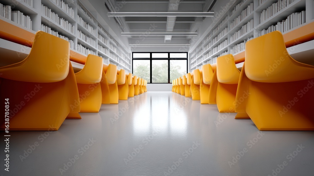 Poster rows of empty yellow chairs facing a large window in a library with shelves of books