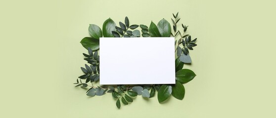 Blank card and leaves on green background