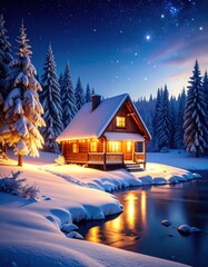 Fototapeta premium Snowy cabin by a frozen stream at night