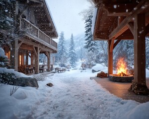 Snowy chalet village at dusk