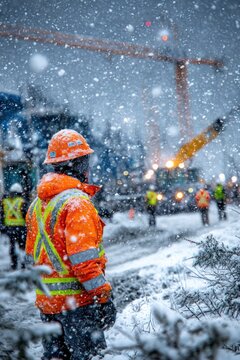 Snowy construction site worker