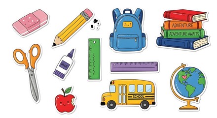 Back to School Stickers: Backpack, Books, Globe, School Bus, and Supplies