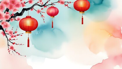 Chinese oriental watercolor background with traditional paper lanterns, created with generative ai