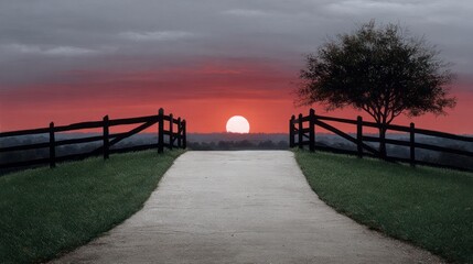 Fototapeta premium A concrete path leads through a wooden fence toward a vibrant sunset with a lone tree