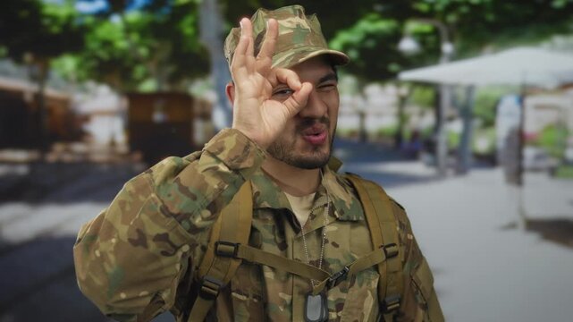 Young hispanic man in military uniform makes ok sign with hand on urban street; approval confidence.