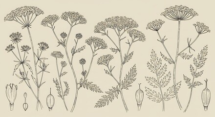 Botanical Illustration of Yarrow Plant: Detailed Line Drawings of Flowers, Leaves, and Seeds