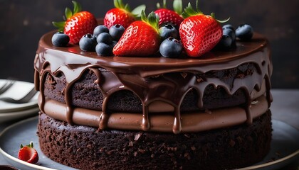 a decadent chocolate cake, adorned with chocolate shavings. fresh berries, and strawberry, created with generative ai