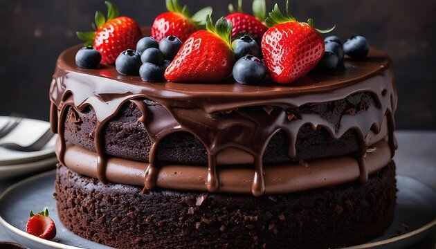 a decadent chocolate cake, adorned with chocolate shavings. fresh berries, and strawberry, created with generative ai