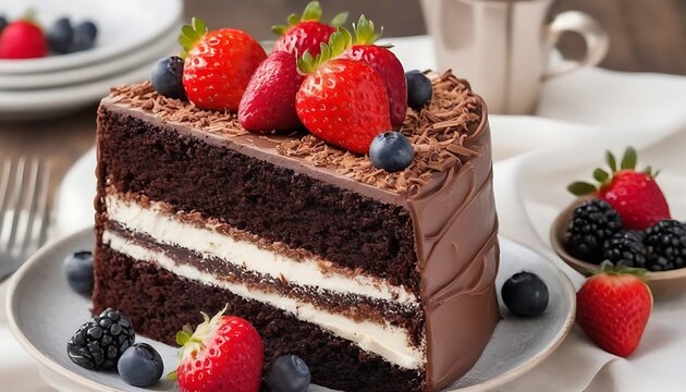a decadent chocolate cake, adorned with chocolate shavings. fresh berries, and strawberry, created with generative ai