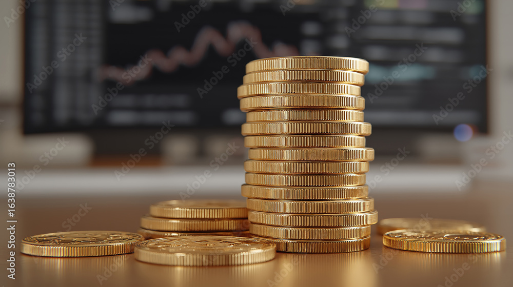 Poster a golden stack of coins sits before a monitor showing connections between tech and wealth