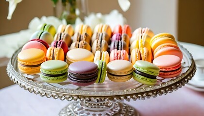 Colorful-assortment-of-macarons-displayed-on-a-vintage-cake-stand, created with generative ai