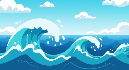 Fototapeta premium Cartoon Illustration of Ocean Waves and Clouds in a Bright Blue Sky