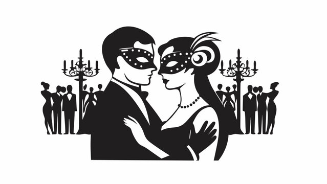 Elegant couple in masks dancing at a masquerade ball with guests and chandeliers in the background silhouette