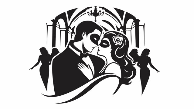 Illustration of a masked couple in formal wear at a masquerade ball with onlookers and chandelier silhouette
