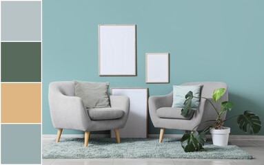 Interior of living room with armchairs, photo frames, houseplant and mint wall. Different color patterns