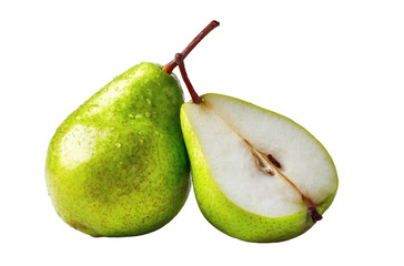 Two fresh green pears with water droplets on their skin, one whole and one sliced to show white flesh and seed center.