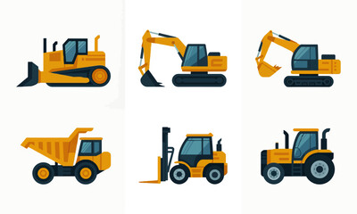 Set of yellow heavy construction machinery icons: bulldozer, excavator, dump truck, forklift, and tractor. Flat vector illustration collection.