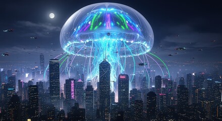 Obraz premium A futuristic cityscape is dominated by a giant, glowing jellyfish structure, hovering above the buildings.