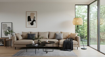Modern Living Room with Large Window and Nature View