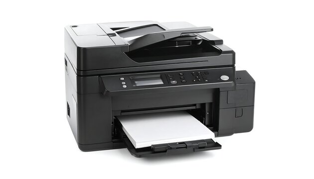 A black multifunction printer sits on a white background, paper output tray open