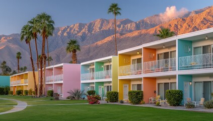 Colorful motel row with palm trees and mountains