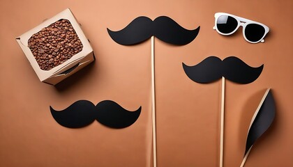 two cup coffee and retro stylish black paper photo booth props moustaches on brown background, space for text, created with generative ai