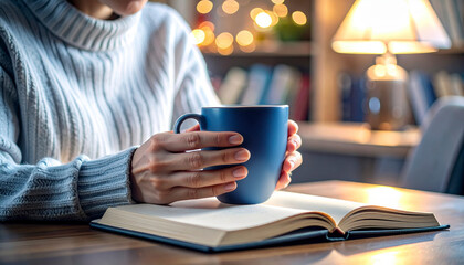 Persona sosteniendo una gran taza de café mientras lee un libro en un ambiente acogedor