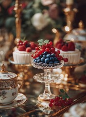 Naklejka premium Elegant dessert display with fresh berries on cupcakes. A glass bowl holds blueberries and red currants atop a tiered stand. Gold accents and ornate china add to the refined aesthetic