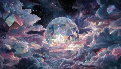 Crystal sphere, clouds, cosmos,  glittering,  polygonal
