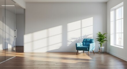 Fototapeta premium Modern Office Interior with Blue Armchair, Glass Door, and Natural Light