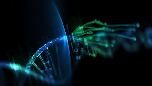 Futuristic digital representation of a dna helix with glowing green strands emerging from a blue light symbolizing genetic engineering and scientific innovation in a dark abstract background