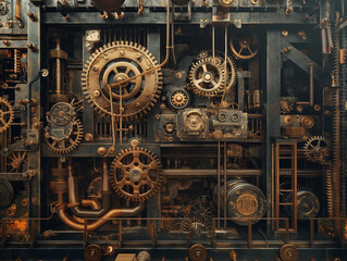 Fototapeta premium An elaborate, detailed steampunk-style machine with cogs and gears meticulously working to process customer data and create targeted advertisements. --v 6.0