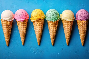 Rainbow Ice Cream Cones Arranged on Blue Background - Vibrant Dessert Composition