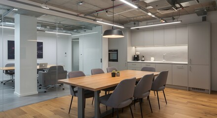 Modern Office Meeting Room with Kitchenette and Glass Walls