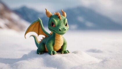 Cute little dragon  in winter landscape on snow, created with generative ai