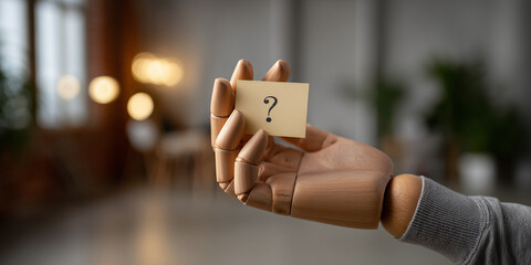 Wooden mannequin holds a note with a question mark in a cozy indoor setting with soft lighting and greenery in the background