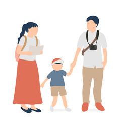 観光地を歩く子連れ家族の旅行イラスト（地図とカメラ）