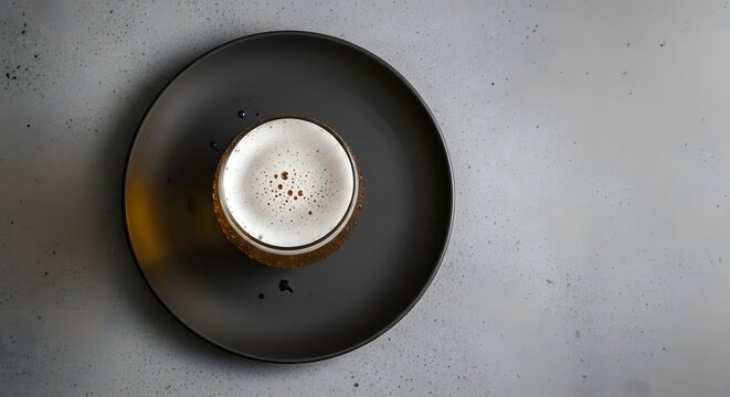 Top view of a fresh glass of craft beer with frothy foam, served on a minimalist black plate on a grey concrete-style background. - Powered by Adobe