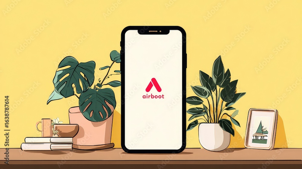 Poster modern aesthetic with airboot app displayed on phone against a bright yellow backdrop, creating a vi