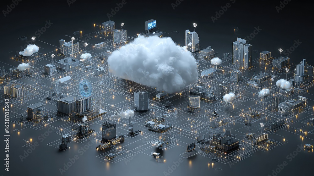 Poster futuristic city connected to cloud computing services offers innovative tech solutions, symbolizing 