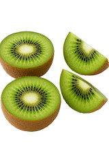 Fototapeta premium Vibrant Kiwi Fruit Halves and Slices Showcasing Their Distinctive Green Flesh and Black Seeds