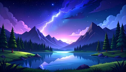 A tranquil lake landscape at twilight with a storm.