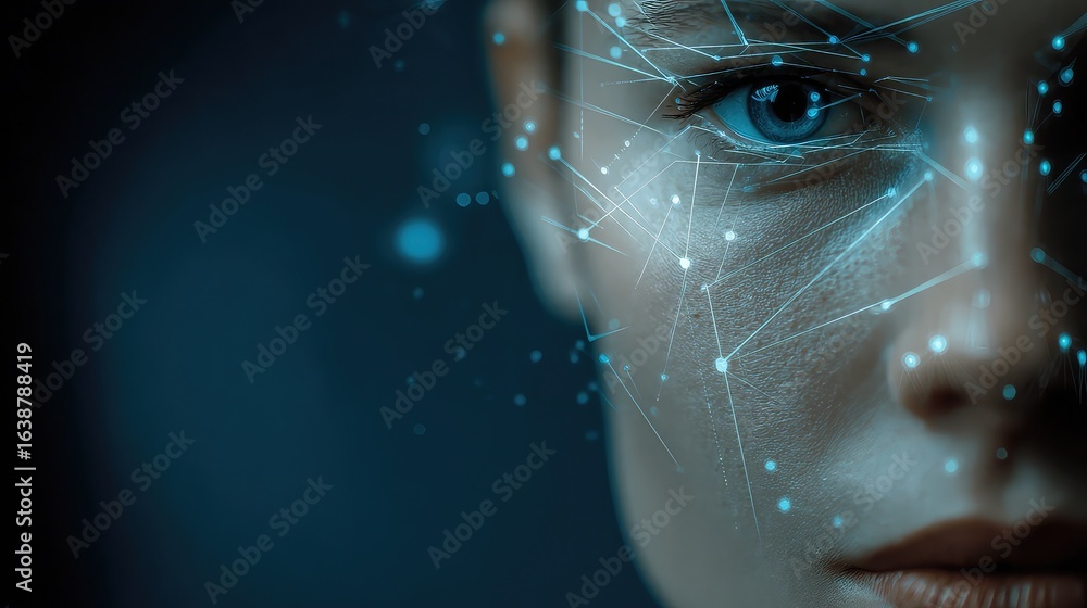 Poster futuristic face with digital network, explore advanced technology and artificial intelligence, envis