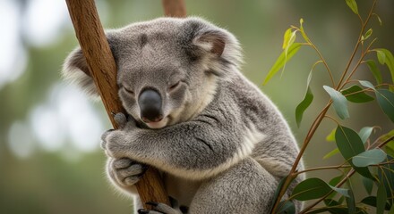 Obraz premium Sleeping Koala Bear Hugging a Tree Branch in Australia