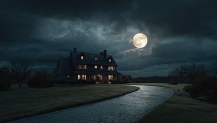 Large, dark house at night under a full moon