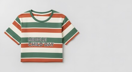 A stylish short-sleeve crew neck t-shirt with retro horizontal stripes in green, orange, and cream colors on a grey background.