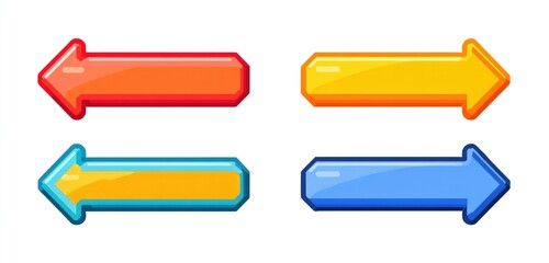 Four colorful, cartoon-style, left-pointing arrow buttons in red, orange, yellow, and blue