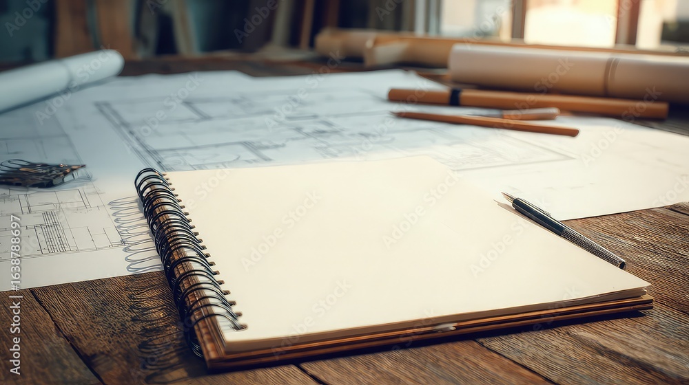 Aufkleber blueprint design studio workspace with blank notepad ready for creative ideas, architect's desk with